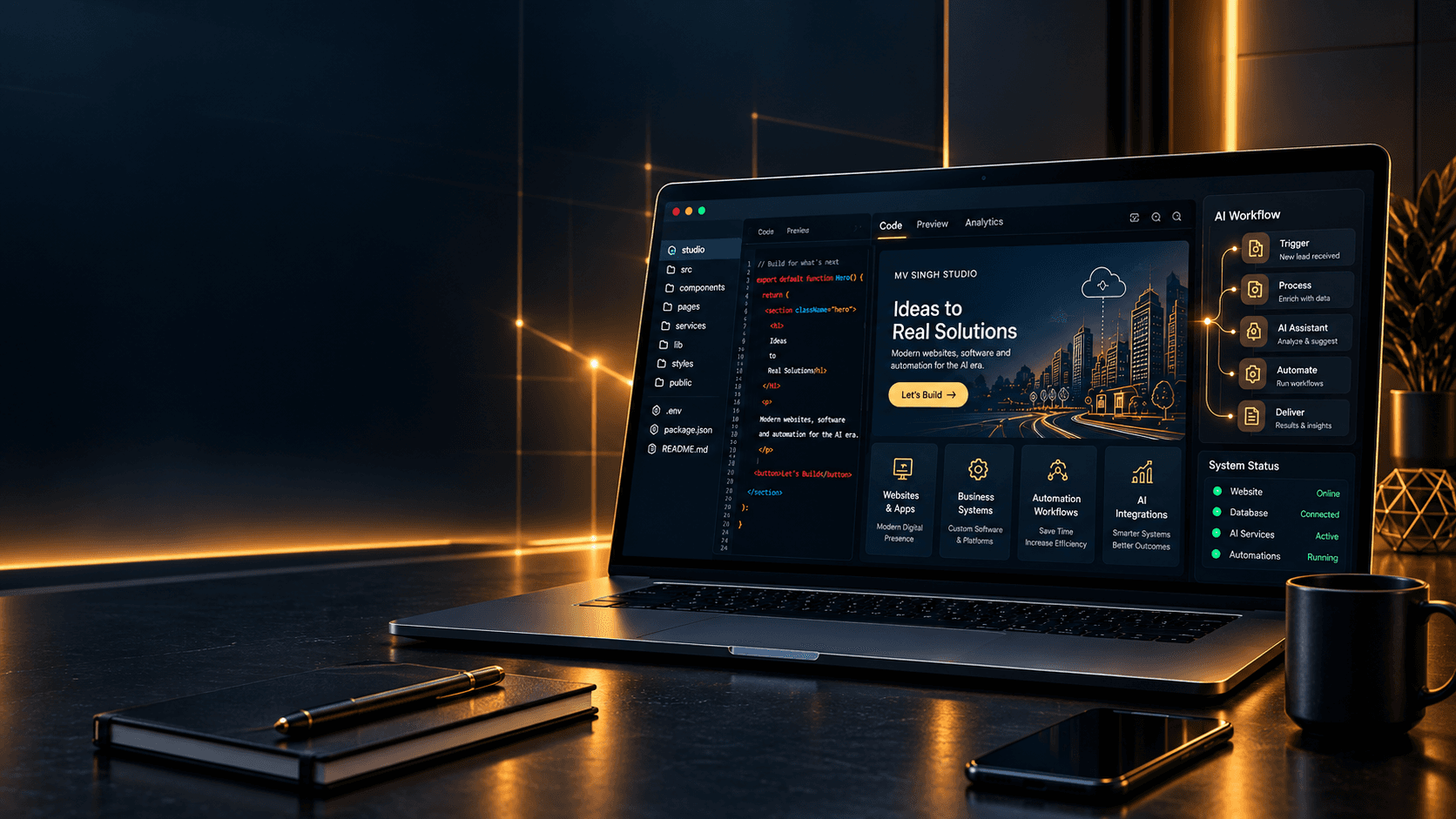 MV Singh Tech Studio workspace — ideas becoming real solutions